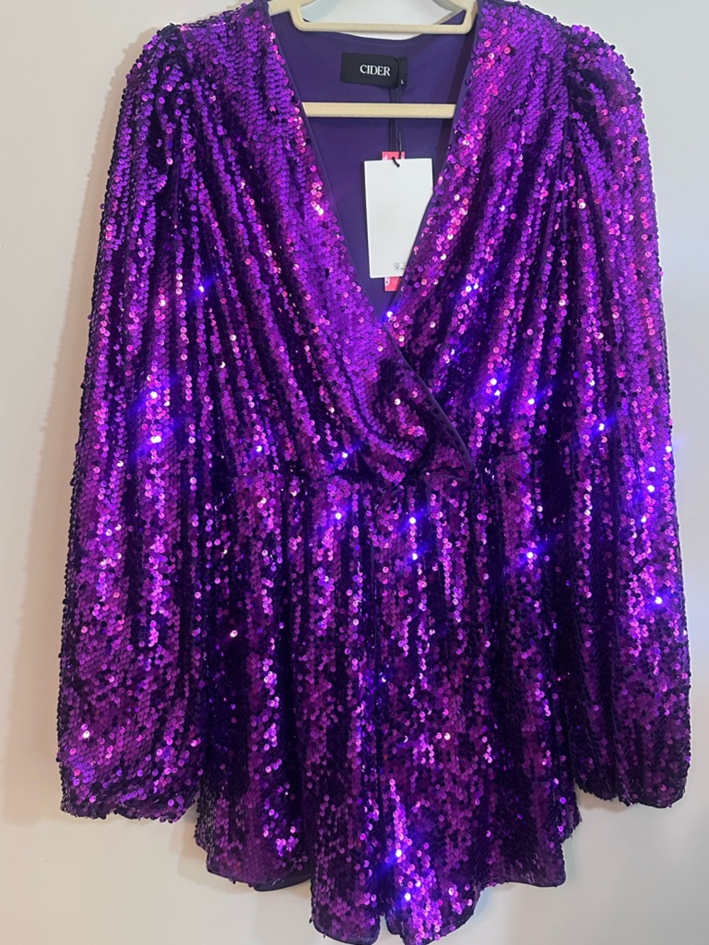 Cider Womens Purple Sequin Long Sleeve Elastic Waist Romper Size L Party NYE